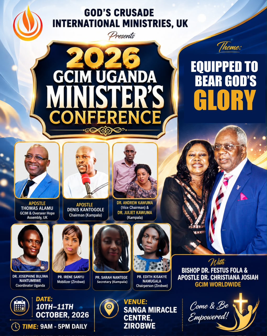 2026 GCIM Uganda Minister's Conference flyer — 10th to 11th October 2026, Sanga Miracle Centre, Zirobwe