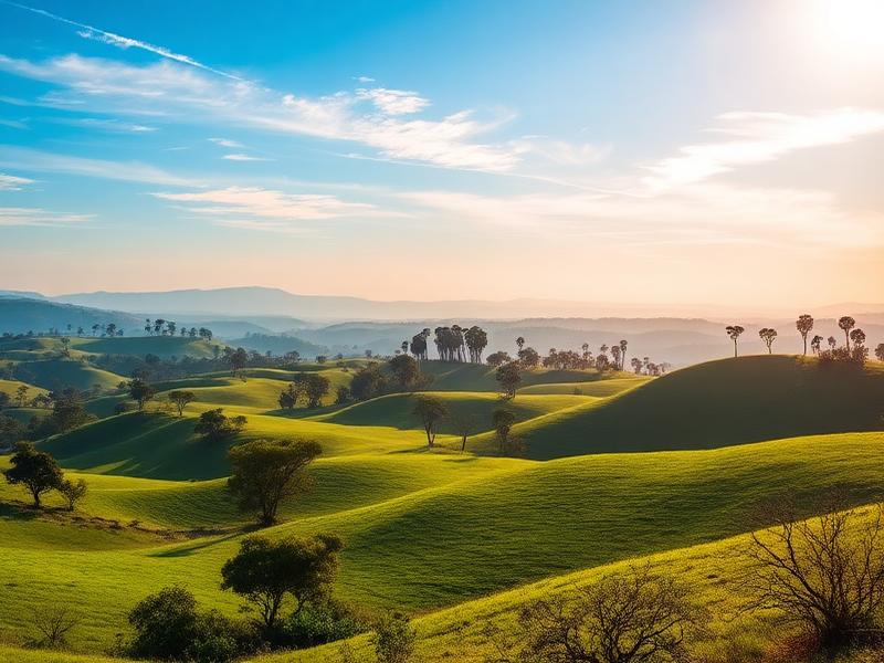 Rolling green hills and distant mountains in Uganda